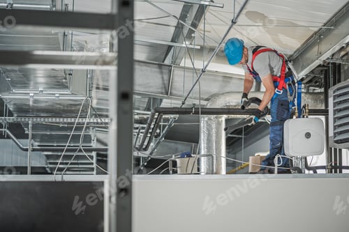Preview: HVAC Technician Finishing System Assembly Inside Commercial Building Warehouse