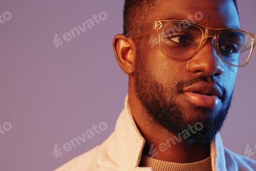 Preview: A stylish young African man with glasses and a beige jacket against a modern purple background