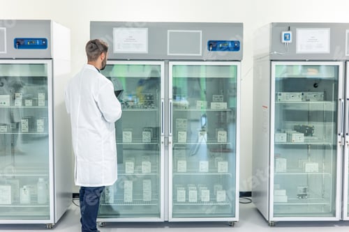 Preview: Scientist checking medical refrigerators storing drugs and vaccines in pharmaceutical laboratory