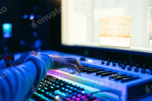 Preview: Close up sound producer hands working at studio