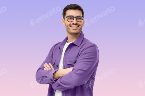 Preview: Confident young man in casual purple shirt looking away, standing with crossed arms