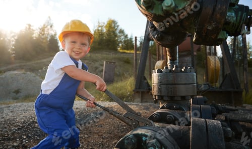 Preview: Adorable little boy working in oil field.