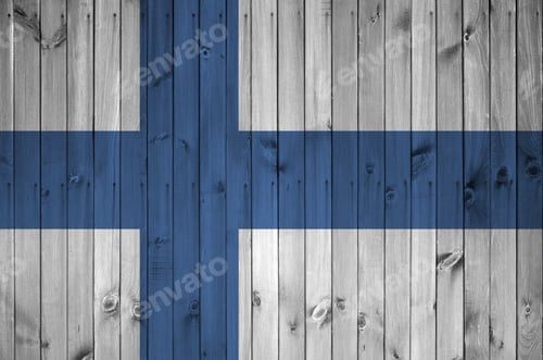 Preview: Finland flag depicted in bright paint colors on old wooden wall close up