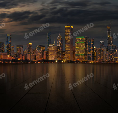 Preview: Automotive and parking lot concept, road of parking over Chicago cityscape