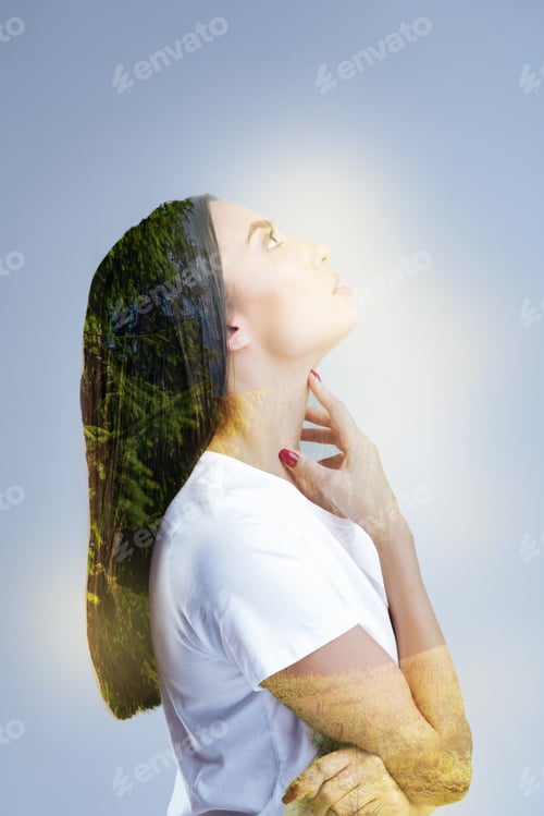 Preview: Nature Makes Free. Charming Creative Musing Woman Posing In Profile And Touching Her Neck While