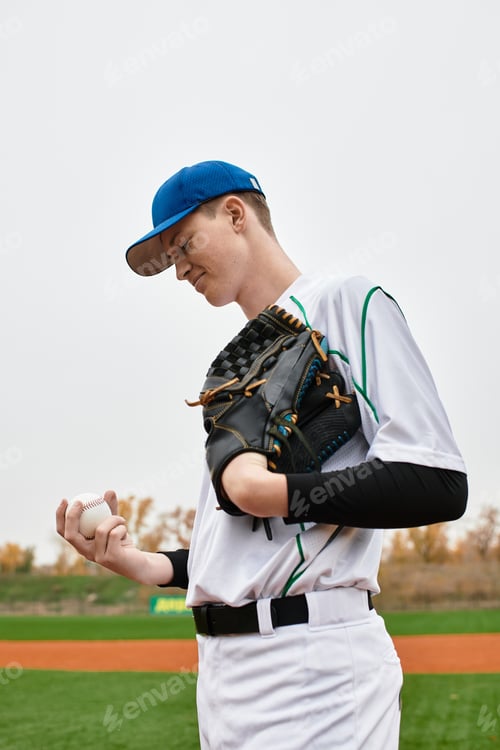 Preview: Teenage boy embraces the excitement of baseball on a vibrant field at dusk