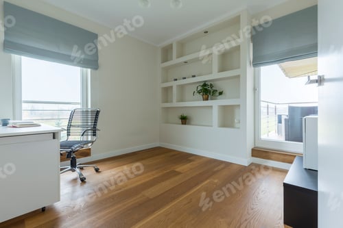 Office with wooden floor