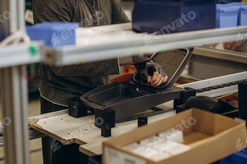 Preview: male hands work in a street lighting factory.