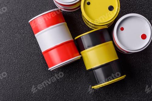 Preview: Metal barrels containing oil, gas, or chemicals, global fuel prices, and trends. Oil barrels