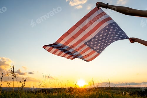 Preview: Human hands holding waving american national flag in field at sunset.
