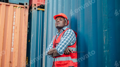 Preview: African male worker safety vest cargo container construction helmet industrial job confident