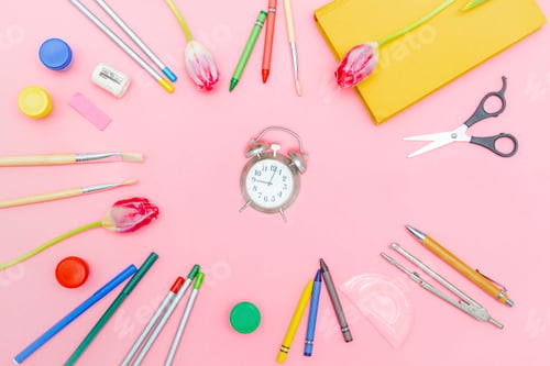 Preview: Multicolor school stationery supplies tools laid.Back to school, education,childhood,primary school