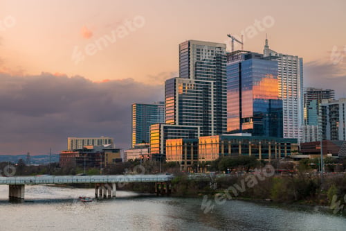 Preview: Sunset of the Austin skyline looking west from the Congress st bridge