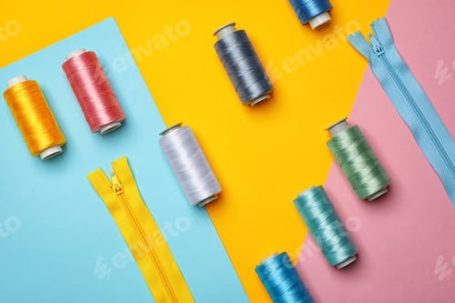 Preview: Flat lay composition with sewing threads on color background