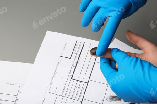 Preview: Investigator taking fingerprints of suspect at table, closeup. Criminal expertise