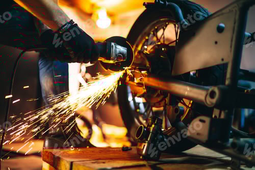 Preview: Motorcycle repair. Disassembled motorcycle. Fixing motorcycle standing in repair shop.