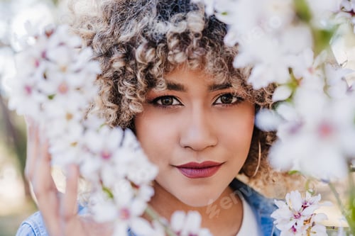 Preview: portrait of beautiful hispanic woman with afro hair in spring among pink blossom flowers. nature