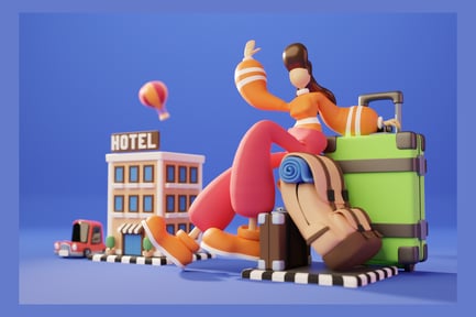 Preview: Traveler resting on luggage by hotel