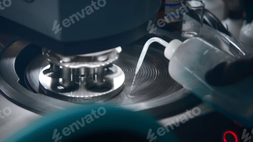 Preview: Mechanical processing of laboratory equipment. Stock footage. Liquid is poured onto laboratory