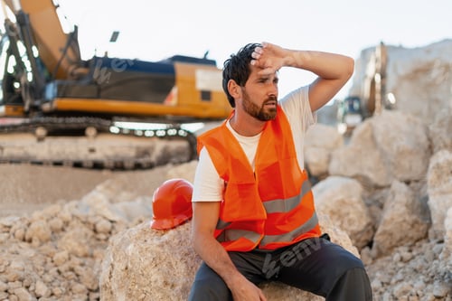 Preview: Tired construction worker wiping sweat from forehead in quarry