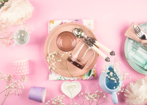 Preview: Pastel ceramic and glass tableware on pink