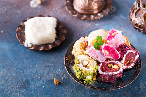 Preview: Bowl with various pieces of turkish delight lokum and black tea with mint on a dark background. Flat
