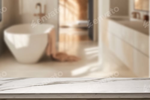 Vista previa: Mesa superior de mármol vacía con fondo interior de baño borro. para exhibición de productos