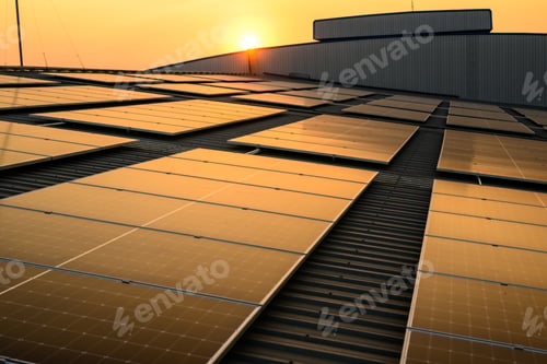 Preview: Photovoltaic solar panels on rooftop with sunset at solar cell farm