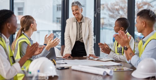 Preview: Applause, talking and construction workers in a meeting with a manager for architecture success. Ha