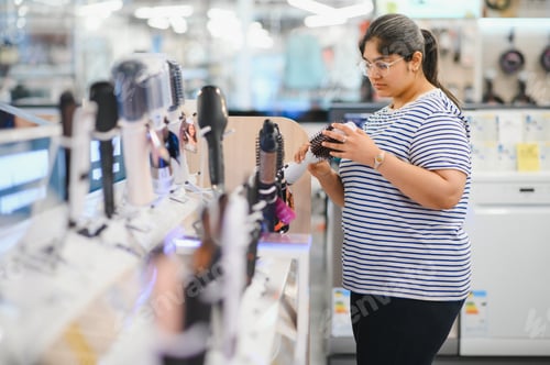 Preview: Beautiful indian woman in the store is testing a hairdryer