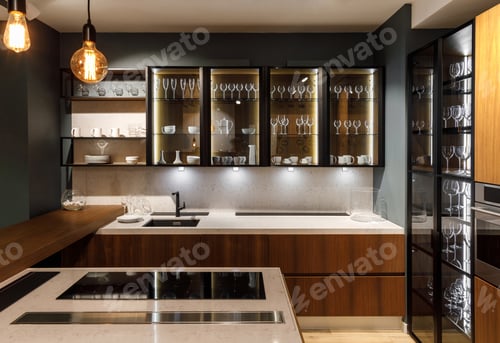 Preview: Renovated kitchen interior with glasses in cupboard