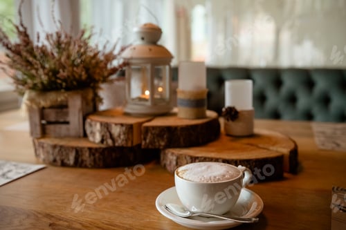 Preview: A cup of coffee, cappuccino and autumn decor on table.Hello Autumn. Autumn decor, fall mood