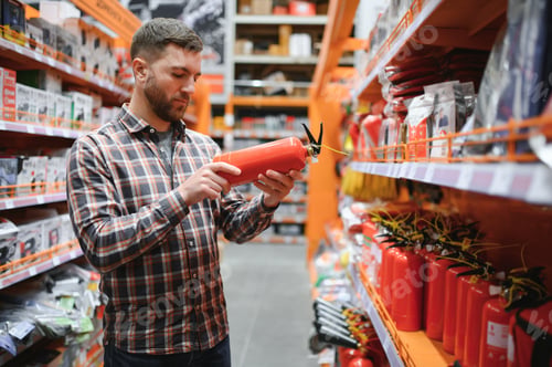Preview: A man holds a fire extinguisher in his hand. A buyer in a hardware store selects a product