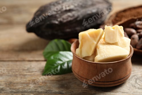 Preview: Organic cocoa butter on wooden table, closeup. Space for text