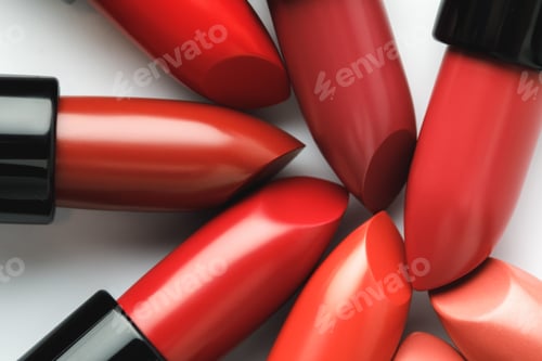 Preview: close-up shot of red lipsticks of different shades on white tabletop