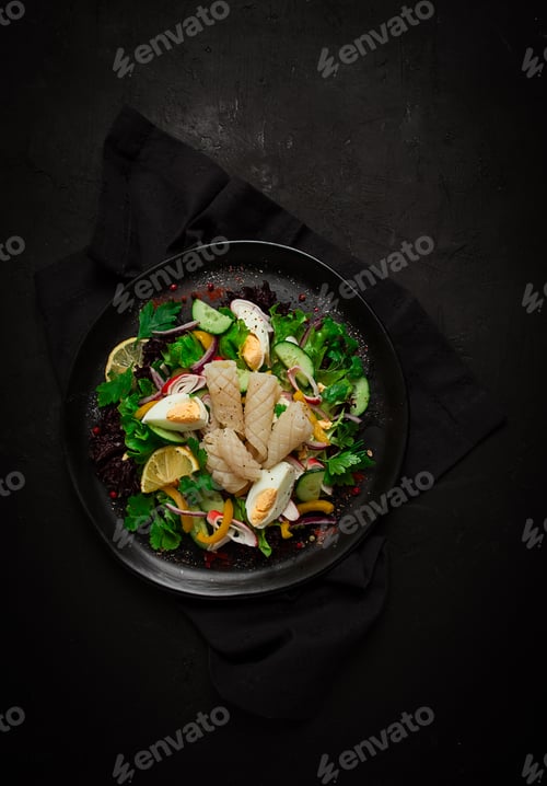 Preview: Salad of squid and vegetables, with egg, homemade, no people,