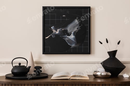Preview: Warm and cozy composition of living room interior with personal accessories. Home decor. Template.