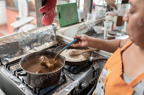 Preview: An adult Hispanic woman is boiling mole and fried chicken