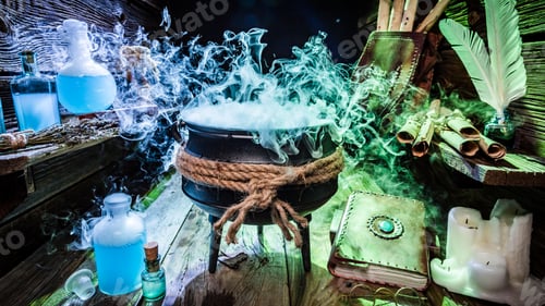 Preview: Mysterious witcher cauldron with books and potions for Halloween