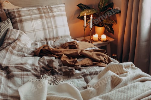 Preview: cozy scandinavian bedroom interior in natural tones, real life mess disorder