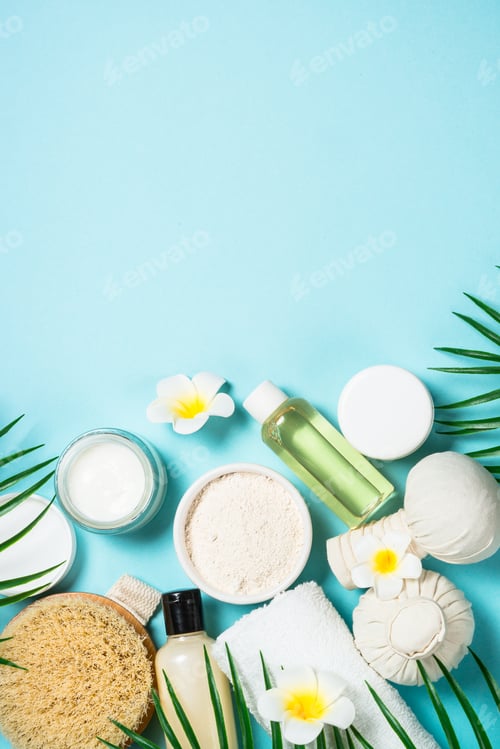 Preview: Spa treatment Flat lay background on blue