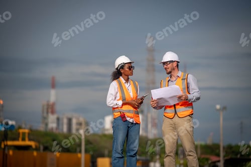 Preview: Engineers railway team wearing safety uniform and helmet under conversation document on hand inspect