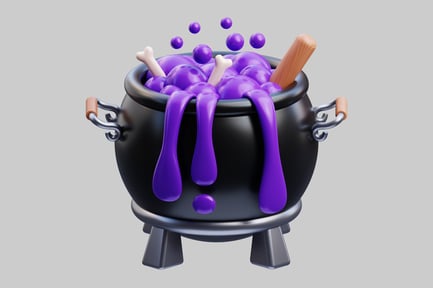 Black cauldron with purple liquid and implements