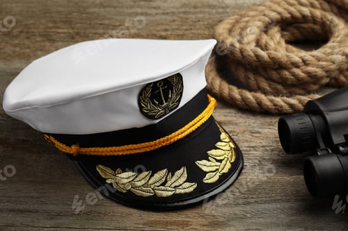 Preview: Peaked cap, rope and binoculars on wooden background