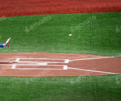 Preview: Close up of home plate on baseball field, hand with baseball glove about to catch baseball.