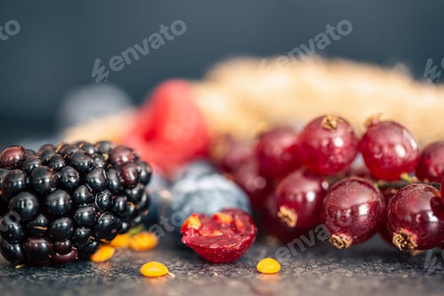 Preview: Natural background with different wild berries, macro shot.