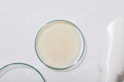 Preview: Top view of sample of cosmetic cream on laboraory glass next to tube on grey background