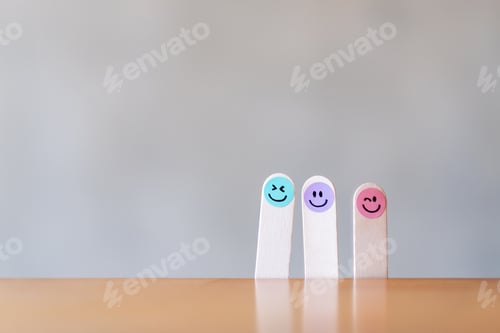 Preview: Colorful hand draw happy emotion faces on wooden stick with background