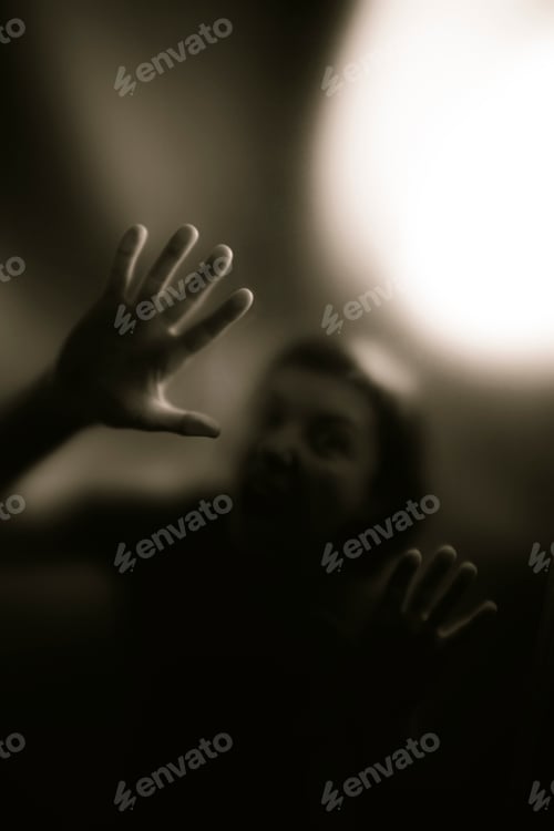 Preview: Scary picture of hands behind glass, horror ghost behind door, Halloween concept