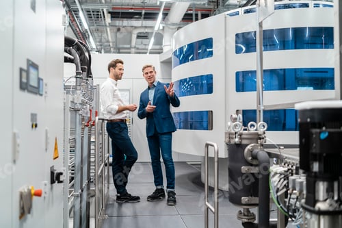 Preview: Two businessmen talking in a modern factory